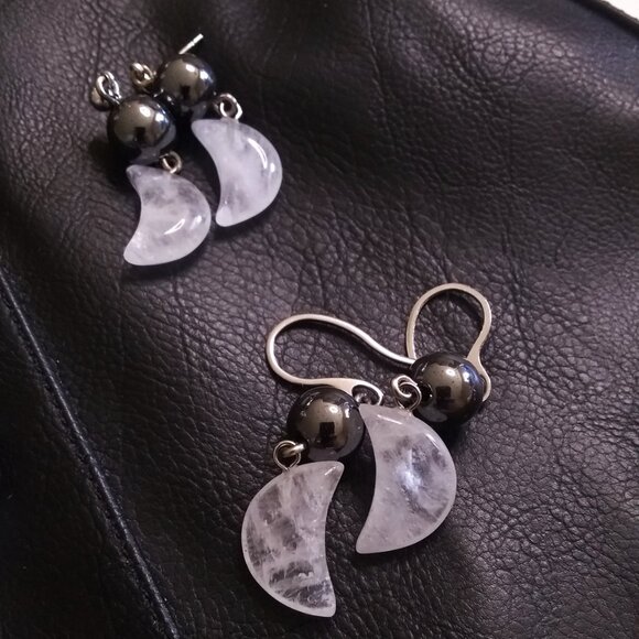 Emotional Balance: Handmade Quartz Moon & Hematite Dangle Earrings - Picture 11 of 13